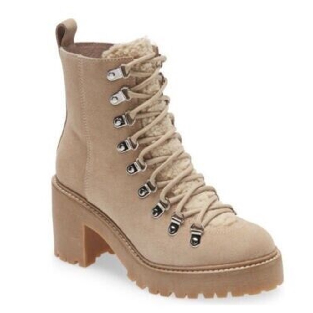 Jeffrey Campbell O What Faux Fur Trim Lace-Up Heel Boot Taupe